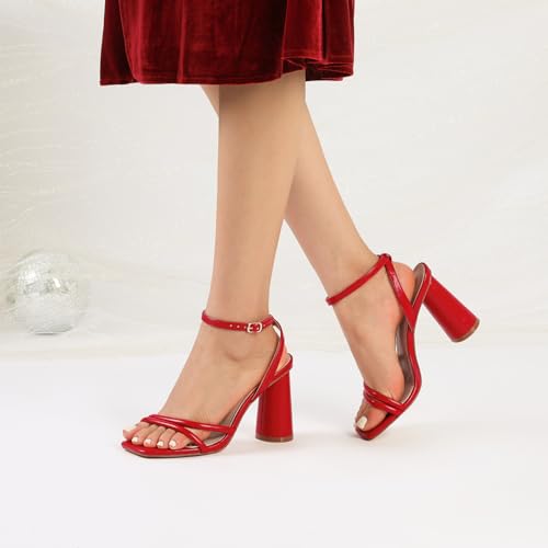 Image of RIBONGZ Block Heels Prom Heeled Sandals for Women Chunky Square Open Toe Strappy High Heels Ankle Strap Wedding Bridal Shoes High Heel Sandals for Party Dress