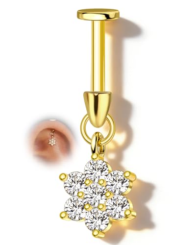 COCHARM 16G Flower Vertical Helix Piercing Jewelry Gold Cartilage Earring, Bullet Design Flat Back Top Helix Earring Stud, 8mm Dangle Lobe Earring Stud for Women