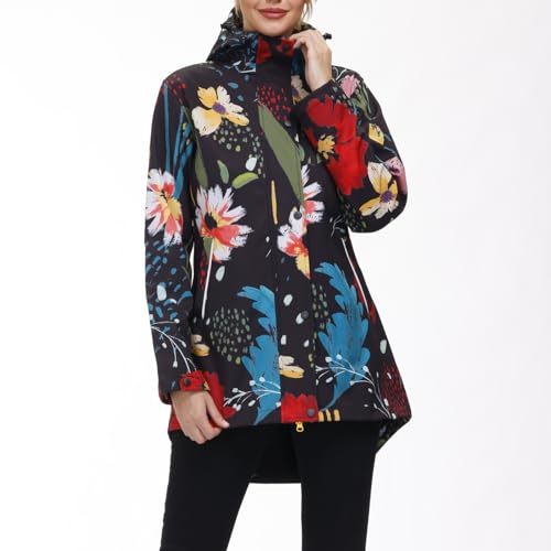 Womens Long Raincoat Waterproof Windbreaker Floral Print Softshell Trench Coat US Size S-2XL4