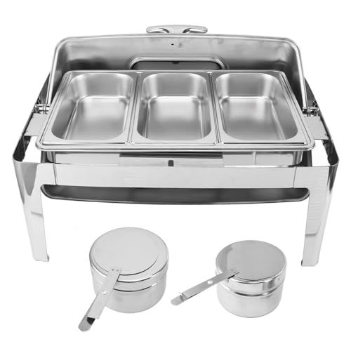 Glomora Chafing Dish Bufet ze stali nierdzewnej, 9L bufet Catering Podgrzewacz do potraw, przezroczysta szklana pokrywa, podgrzewanie alkoholu, na przyjęcie w kuchni, prostokątny (3 Compartments)