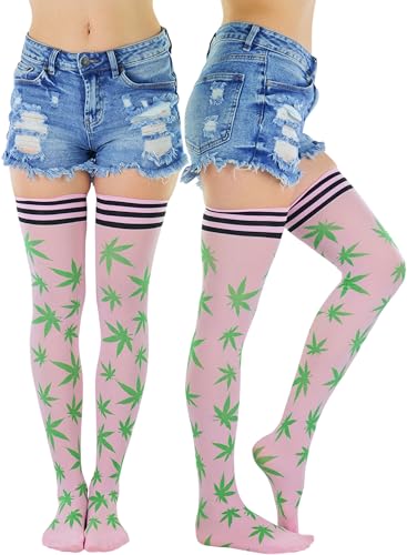 Image of ToBeInStyle Women's Thigh High Stockings Bodystocking Tights Medicinal Cannabis Marijuana Weed Leaf Print Festival Hosiery