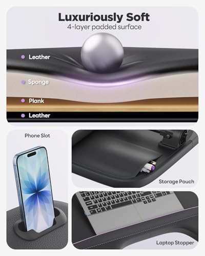 Image of SAIJI Laptop Lap Desk for Bed & Couch with Soft Armrest, Bed Desk Table | Ergonomic Curved Design, Soft Padded Armrests, Height & tilt angles Adjustable, Foldable & Versatile Surface