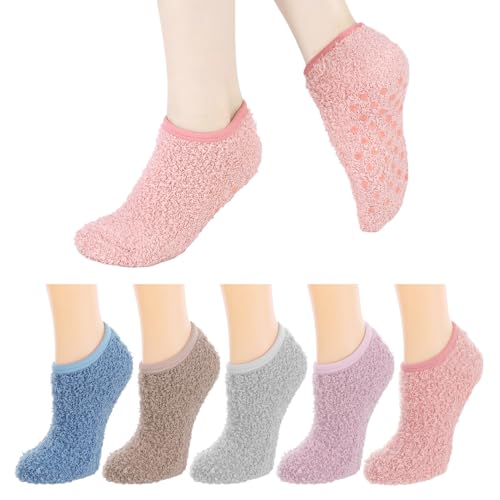 kodinsiivous 5 Paar Stoppersocken für Damen Kuschelsocken mit Noppen Rutschfest Flauschige Haussocken Winter Weich Antirutschsocken Kuschel Bettsocken Wärmesocken für Boden Hauses EU 35-40