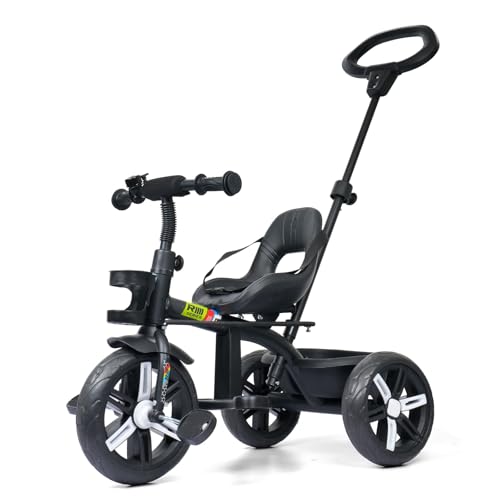 Image of Luusa Elite 500 Kids Tricycle with Parent Push Handle & Safety Seat Belt - Premium 3 Wheel Toddler Cycle with Storage Basket & Comfortable Backrest for 1-4 Years Boys & Girls (Black)