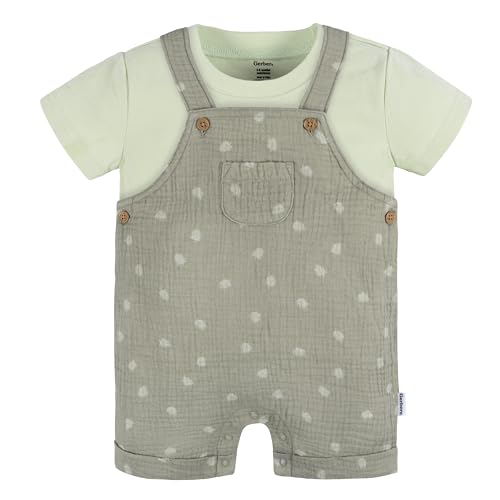 Image of Gerber Unisex Baby Gauze Overall Romper and T-Shirt Set
