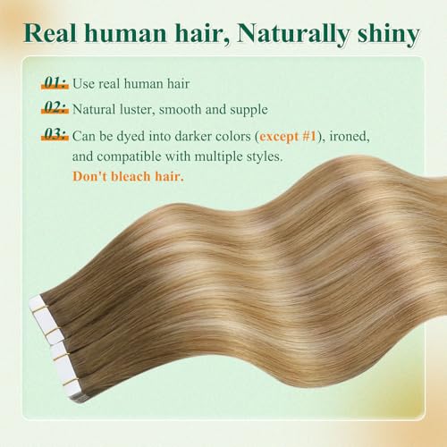 Image of Tape in Hair Extensions Human Hair Blonde Balayage Tape in Extensions Human Hair Brown Ombre Honey Blonde Mixed Platinum Blonde Hair Extensions Tape ins Easyouth Straight Hair 14Inch 20Pcs 40g