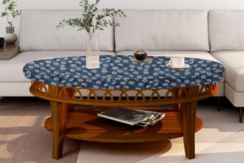 Image of The Furnishing Tree Elastic Oval Center Table Cover WxL 12x24 in Inches Polyester Floral Pattern Blueish Grey