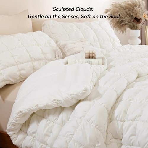 Image of JANZAA Queen Comforter Set, Cream White Comforter with Puff Plaid Fluffy Comforter Set Queen, Cloud-Like Soft Cozy Bedding Set, Lightweight Warm Bedroom Decor for All Season with 2 Pillowcases