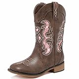 LAURMOSA Girls Cowboy Boots Western Cowgirl Sparkle Dress Cowboy Boots Size 1 for Girls Brown Square Toe Embroidered Kids Horseback Riding Shoes Party Dance(L1050BrownPink 1)