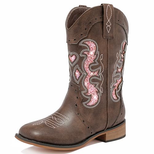 LAURMOSA Girls Cowboy Boots Brown Pink Size 1 Square Toe