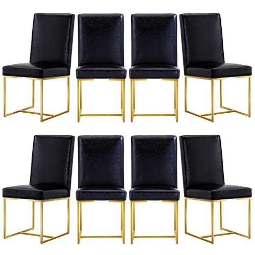 Azhome Black Faux Leather Dining Chairs, Mid-Century Modern Upholstered Dining Room Chairs Set Of 8, Gold Mirror Stainless Steel Legs #TOP26