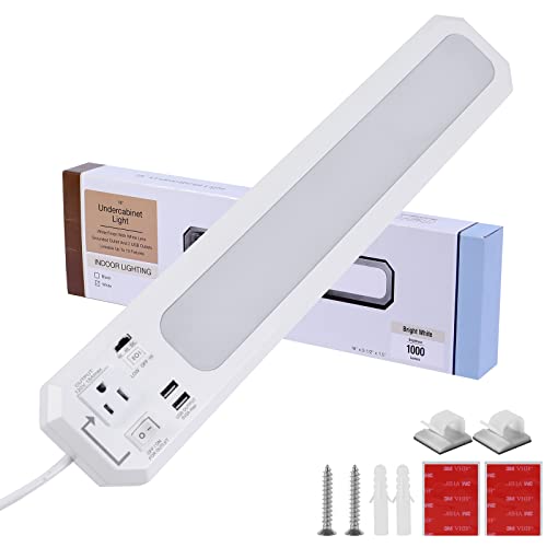 Hikaproligt 18inch Plug-in Under Cabinet Lighting, 120V Under Cabinet Lights Bar with Outlet Switch, 3000K/4000K/5000K Dimmable Shop Lights with 2USB and 5ft Power Outlet for Garage, Workbench