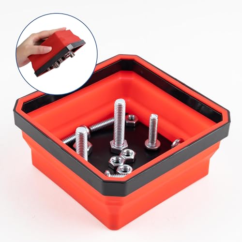 EHOMEA2Z Collapsible Magnetic Parts Tray Set, 4.5” Square Silicone Foldable Bowls With Magnetic Base, Ideal For Screws, Bolts, Nuts, Washers, Pins, And Small Metal Parts (Red/Black,2Pc) by EHOMEA2Z - Image 2