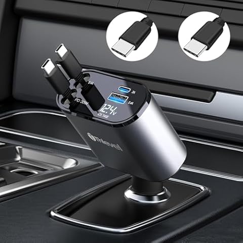 Thlevel Retractable Car Charger 4 in 1 USB C Fast Charger with Dual Type-C Cables (31.5 inch) and 2 Charging Ports with Voltage Display Compatible with iPhone 16/15 Pro Max Samsung Galaxy Note Cover