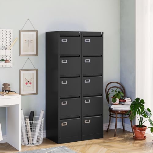 Image of MIIIKO 5 Drawer File Cabinet, Black Vertical Filing Cabinets with Lock, Home Office File Folders Storage Cabinet for Letter Legal File Size.