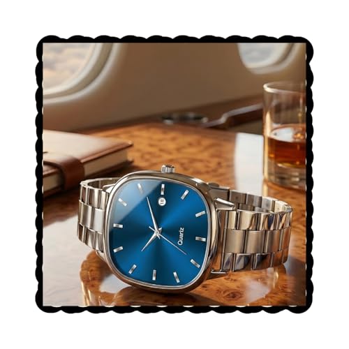 Image of PAPIO Analog Quartz Watch with Date Display | Silver Stainless Steel Strap | Square Dial Formal & Casual Wrist Watch for Men
