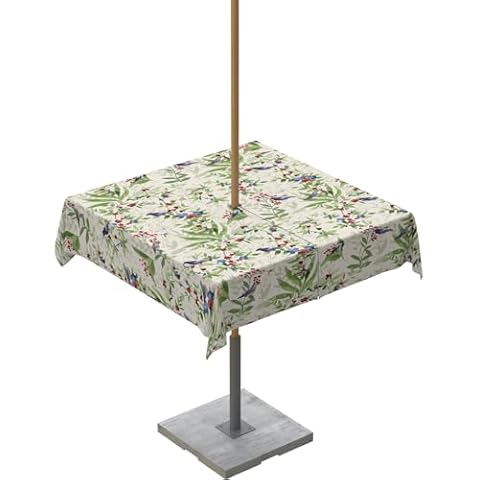 Ldtrchee Green Botanical Outdoor Tablecloth with Umbrella Hole and Zipper Waterproof Table Covers, Rustic Spring Floral Summer Botanical Birds Patio Tablecloths for Picnic/Party, Square 54 x 54 Inch Cover