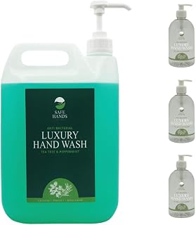 Safe Hands | Luxury Hand Wash with Pumps | 5 Litre & 3 x 500ml (Empty) | Tea Tree & Peppermint | Moisturising | Antibacterial | Anti Bac Hand Soap | Removes 99% of Bacteria | Kind to Skin