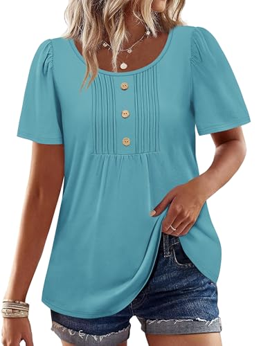 Image of Womens Tops Dressy Casual Blouses Short Sleeve Shirts Plus Size Fashion Clothing Spring Summer Outfits Button Pleated Front