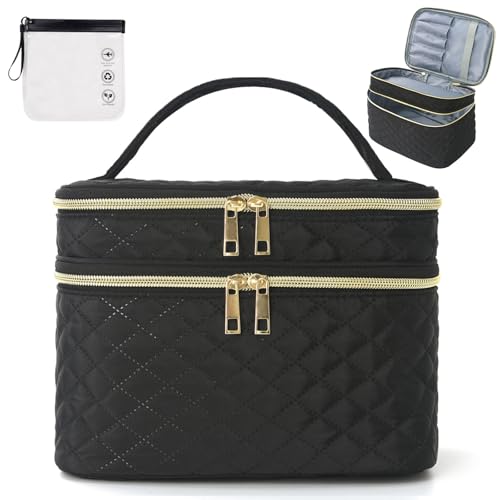 Double Layer Makeup Bag Cosmetic Bags for Women Make Up Travel Bag - Black