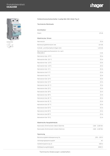 Hager Fehlerstromschutzschalter A 2-polig 25A 0,01A 230V CCA225D CCA225D
