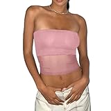 EMMIOL Women Bandeau Tops Mesh See Through Mesh Tube Tops Sleeveless Bustier Y2K Tops Camisole Summer Crop Tops Pink, Small