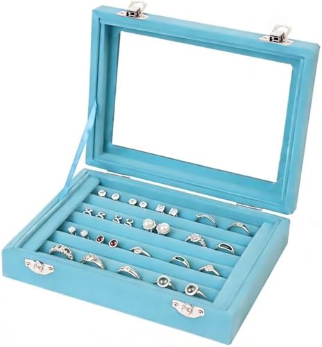 EONGOA Jewelry Box Rings Organizer Tray 7 Slots Velvet Jewelry Earring Storage Box With Transparent Lid Jewelry Display Case for Girls Women (Light Blue)