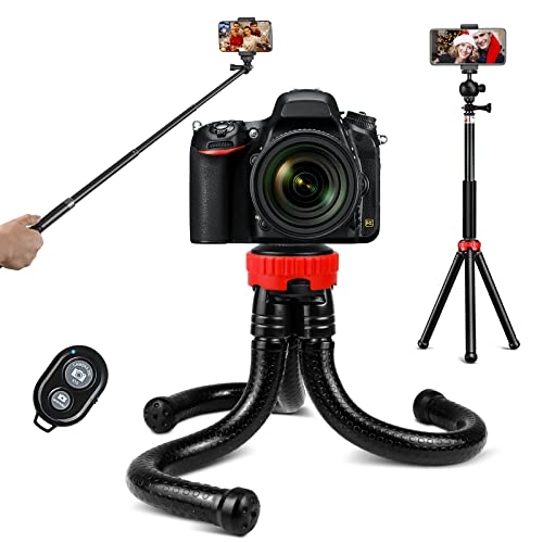 Orthland Trípode para Movil, Flexible Tripode Portátil Pulpo Mini Trípode con Cabezal Bola Giratorio 360° y Tornillo Universal de 1/4 Pulgadas con Mando Bluetooth para iPhone Samsung Huawei Gopro