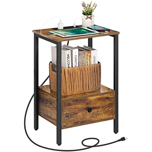 Melos Side Table With Charging Station, Nightstand With Usb Ports & Power Outlets, Narrow End Table With Drawer And Storage Shelf For Small Spaces, Bedside Tables For Bedroom, Living Room,Rustic Brown #TOP9