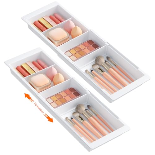 Lifewit 2 Stück Schubladen Organizer, Verstellbar Schubladentrenner, 35.2-55.5 cm länge und 4.7 cm hoch, Hängend Kunststoff Schminktisch Organizer für Kosmetik, Make up, Küchen, Büro, Weiß