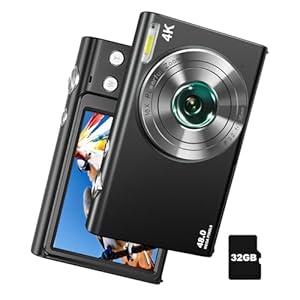 Digital Camera, 4K Autofocus Vlogging Camera with Flash, 48MP Point and Shoot Digital Camera with 16X Zoom, Anti-Shake, 2 Batteries, 32GB Card