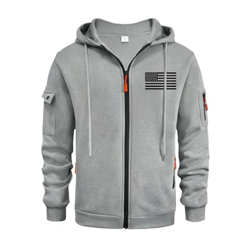 Men's Zip Up USA Flag Print Hoodie Fall Long Sleeve Drawstring Shirt Light Patriotic Sweatshirt with Pockets