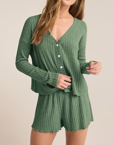 Dressmine Womens Long Sleeve Pajama Sets Button Up Pajamas Sleeping Shorts 2 Piece Lounge Set Knit Sexy Sleepwear