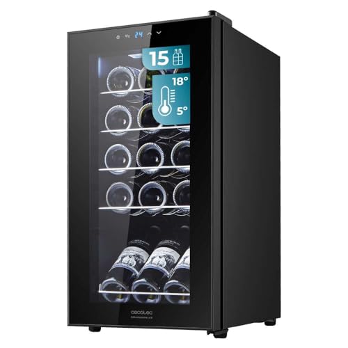 Cecotec Vinoteca Bolero Grandsommelier 1550 Black Compressor, 15 botellas, Silencioso, Alto rendimiento, Regula la temperatura de tus vinos entre 5 y 18 ºC, Control táctil, Luz interior