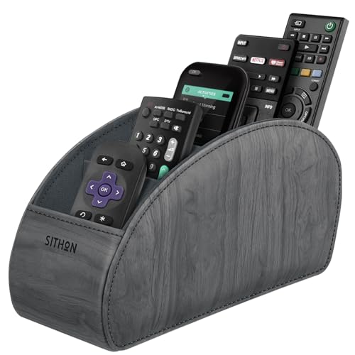 Image of SITHON Remote Control Holder with 5 Compartments - PU Leather Remote Caddy Desktop Organizer Store TV, DVD, Blu-Ray, Media Player, Heater Controllers, Woodgrain Gray