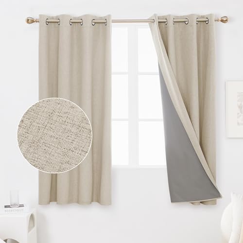 Deconovo Full Blackout Curtains with Coating Back Layer Thermal Insulated Energy Efficiency Eyelet Curtains for Bedroom 52 x 54 Inch Light Linen 1 Pair