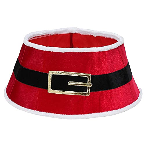 New Traditions Red Velvet Christmas Tree Collar with Black Santa Belt – 26" Diameter Fabric Stand Band for Artificial & Natural Trees – Tree Skirt Alternative, Collapsible