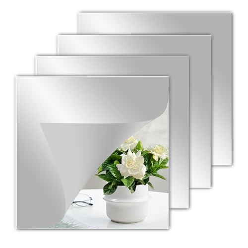 #VerdientProvisionen<br>Spiegelfolie Selbstklebend – 4 Stück Klebespiegel aus Acryl 20 × 20 cm Rahmenlos Spiegelfliesen Selbstklebend Hochauflösend für Schlafzimmer Wohnzimmer Bad
