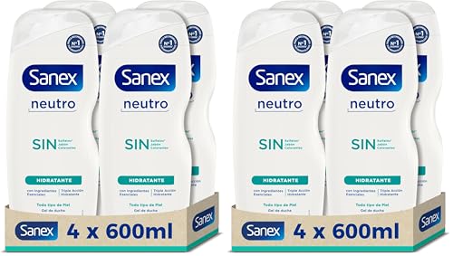 Sanex Gel de Ducha Neutro Hidratante (4x600 ml), con ingredientes esenciales, 0% sulfatos*, 0% jabón y 0% colorantes, para todo tipo de piel, hidratación duradera, tecnología triple acción