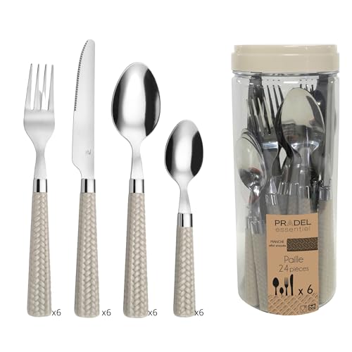 Amefa PAILLE Besteck Set 6 Personen | Essbesteck 24-teilig | helle Griffe im Flechtdesign | Besteck Set 18/0 Edelstahl | Besteckset spülmaschinenfest...