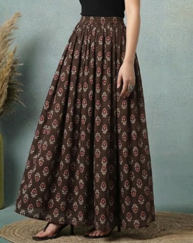 Image of Women's Floral Print Maxi Skirt, Maroon Red, 100% Pure Cotton, Elastic Waist, Full Length, Breathable Fabric