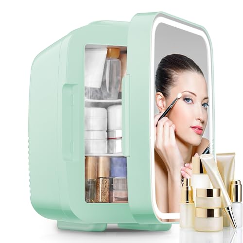 FOHERE Mini Nevera para Dormitorio, Frigorífico Cosmético 5 Litros con Espejo LED, Pequeña Nevera para Cuidado de la Piel, Enfriamiento y Calentamiento para Habitación, Verde