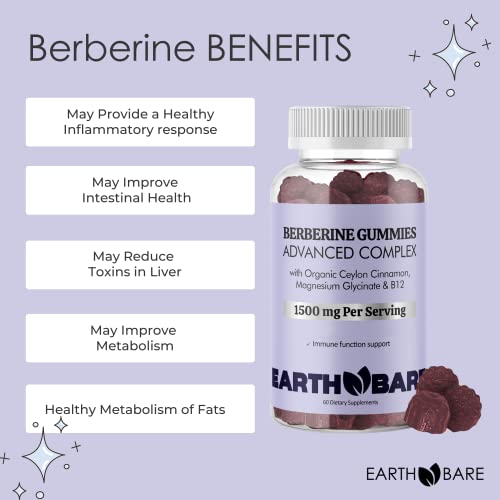 Earth Bare Berberine Supplement | High Potency Berberine With Ceylon Cinnamon Gummies | 1500Mg Berberine Gummies With Magnesium Glycinate And Vitamin B12 | 60 Gummies #TOP2