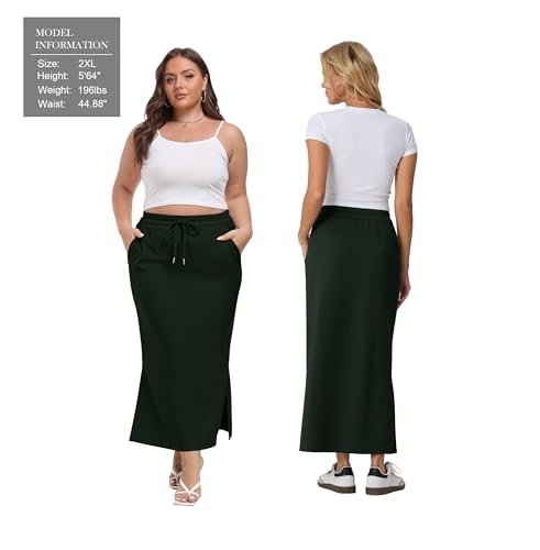 Image of Lepunuo Women's High Waisted Sweat Maxi Skirt with Pockets Slit | Ultra Soft Sweat Fabric, High Waist Drawstring, Deep Phone Pockets, Side Slit for Movement, Ideal for Lounge Travel