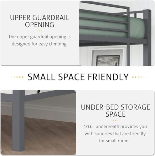 Image of Metal Bunk Bed for Adults and Kids, Sturdy Steel Frame with Guard Rails (3 X 6 Ft) | Grey Finish | Space Saving Design | DIY Assembly for Home and Bedroom
