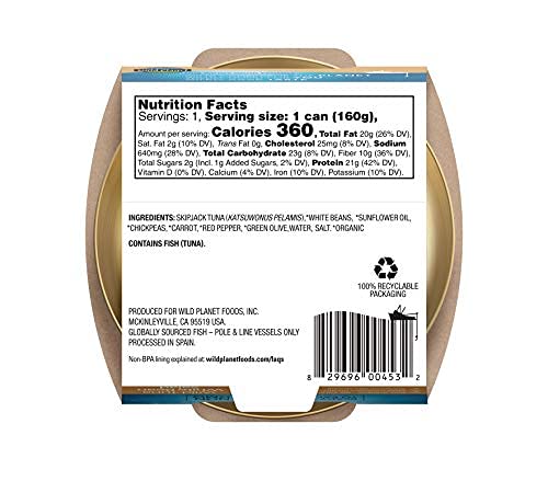Image of Wild Planet Ready-To-Eat Wild Tuna White Bean Salad, 5.6 Oz, Pack of 9 | White Bean Salad With Organic Chickpeas, Carrots, Red Peppers & Green Olives. Non-GMO, Gluten Free, Kosher, Dairy Free