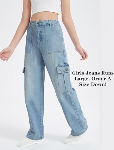 EXARUS Girls Jeans Cargo Baggy Wide Leg Teen Denim Pants High Elastic Waistband Straight with Pockets Youth Casual 8-14Y2