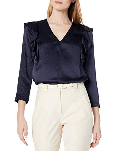 Rebecca Taylor Women's Long Sleeve Silk Ruffle Top, Navy Combo, 10