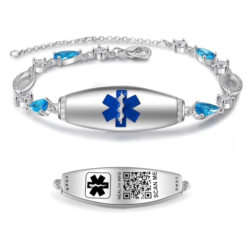 THELUCKYTAG Upgraded Medical Bracelets Men Women with QR Code Medical Alert ID Bracelets - Titanium Steel Wristband Fits Wrists Up 8''-10'' - More Space Custom Emergency ID Info (7~8.85'' Blue Birthstone Link Chain)
