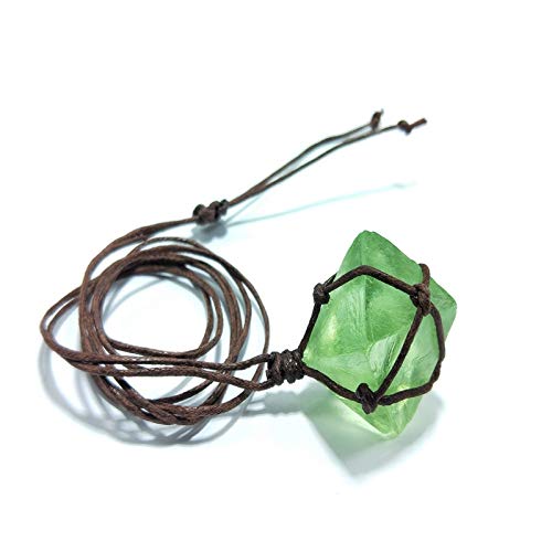 Davitu Braided Rope Wrapped Octahedron Green Fluorite Pendant Necklace Natural Stone Jewelry Healing Chakra Gem Necklace Unique Gift